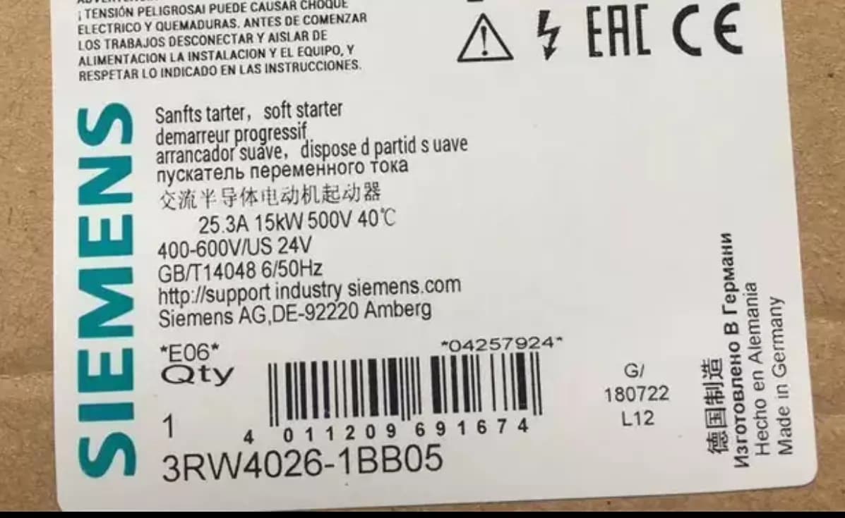 Helt ny, äkta, fabriksstyrd Siemens 3RW4026-1BB05 mjukstartare SIRIUS SOFT STARTER